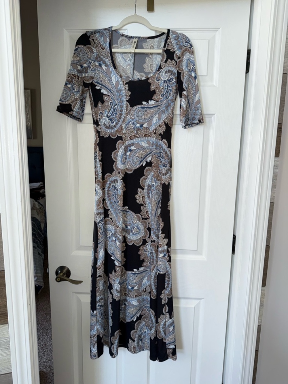 Black Paisley Maxi Dress with Blue and Tan Accents